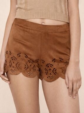 Stella Luce Tan Faux Suede Scalloped Shorts Large Western Boho Festival